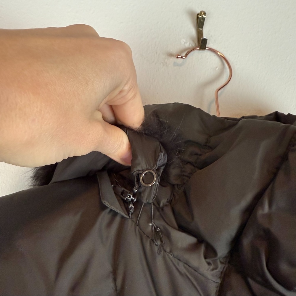 Nine West Brown Quilted Down Jacket Coat Rabbit‎ Fur Trim Hooded Size Medium - Picture 10 of 15
